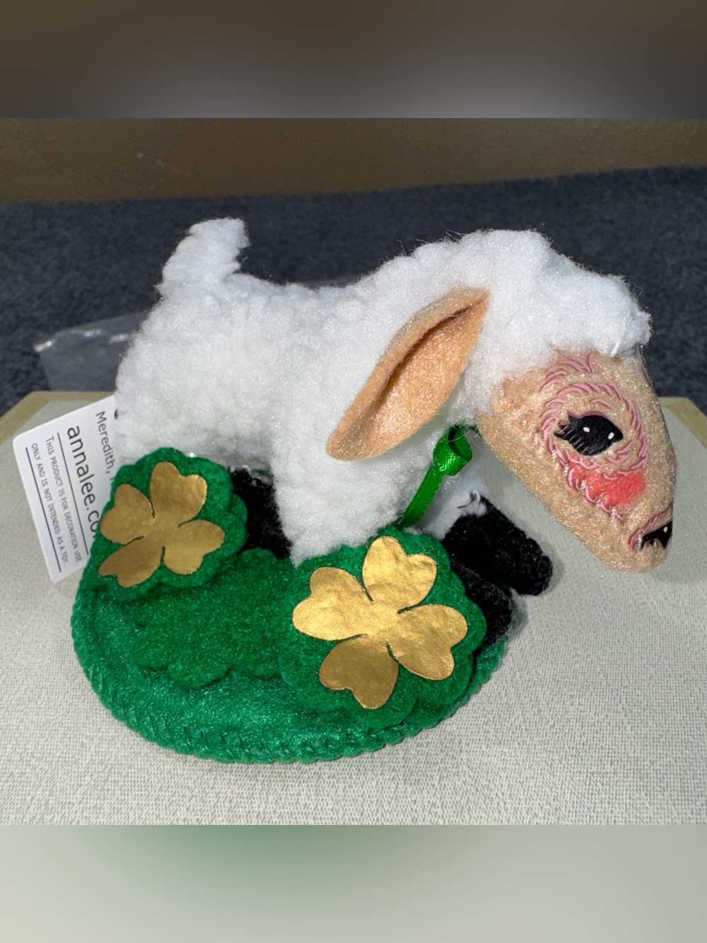 Annalee White Lamb on Green Shamrock Base with Gold Accents
